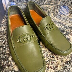 Gucci Juniper Green Leather Men's Driver With Interlocking G Loafers Size 13
